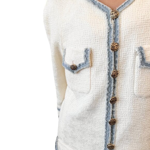 CHANEL Vintage 07P CC Logo Tweed Long Jacket Trim Denim #42 Blue White [106101] - Picture 2 of 14